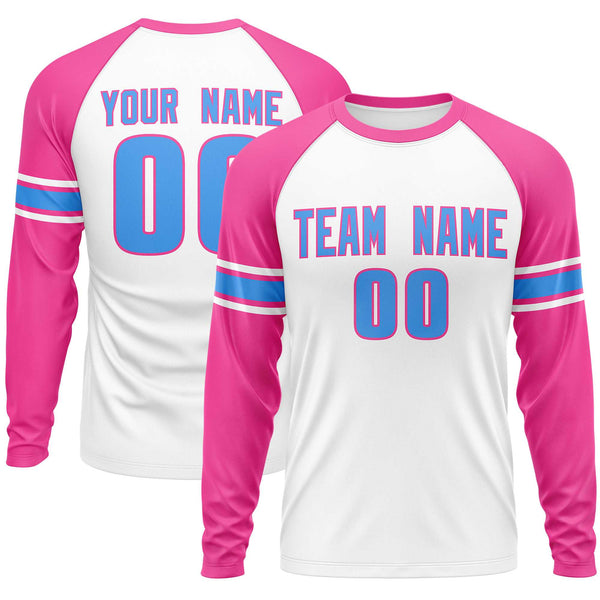 Custom White Pink Powder Blue Crew Neck Personalized Raglan Long Sleeve Performance T-shirt | BuyFootballJersey