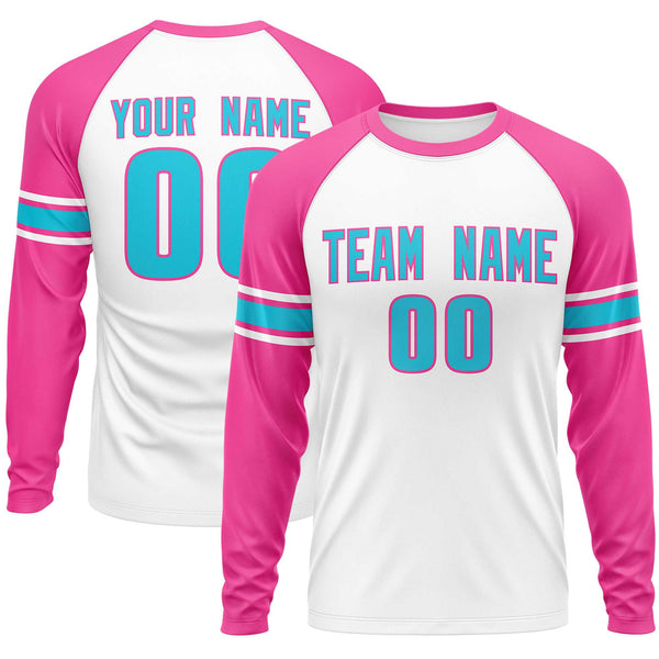 Custom White Pink Sky Blue Crew Neck Personalized Raglan Long Sleeve Performance T-shirt | BuyFootballJersey