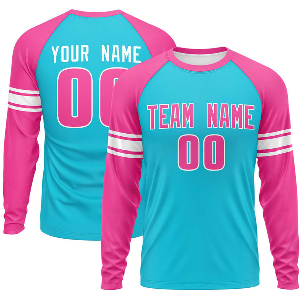 Custom Sky Blue Pink White Crew Neck Personalized Raglan Long Sleeve Performance T-shirt | BuyFootballJersey