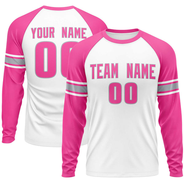 Custom White Pink Gray Crew Neck Personalized Raglan Long Sleeve Performance T-shirt | BuyFootballJersey