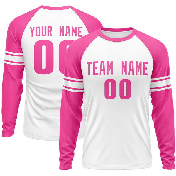 Custom White Pink Crew Neck Personalized Raglan Long Sleeve Performance T-shirt | BuyFootballJersey