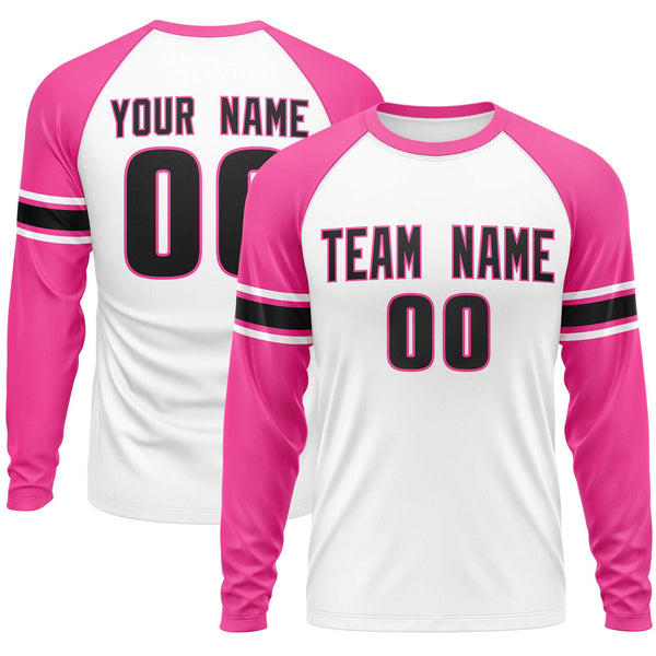 Custom White Pink Black Crew Neck Personalized Raglan Long Sleeve Performance T-shirt | BuyFootballJersey