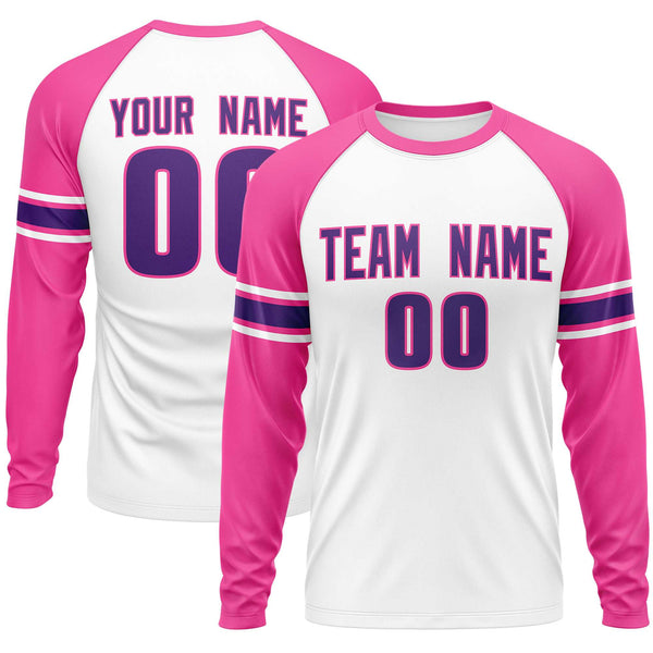 Custom White Pink Purple Crew Neck Personalized Raglan Long Sleeve Performance T-shirt | BuyFootballJersey