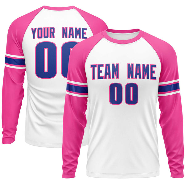 Custom White Pink Royal Crew Neck Personalized Raglan Long Sleeve Performance T-shirt | BuyFootballJersey