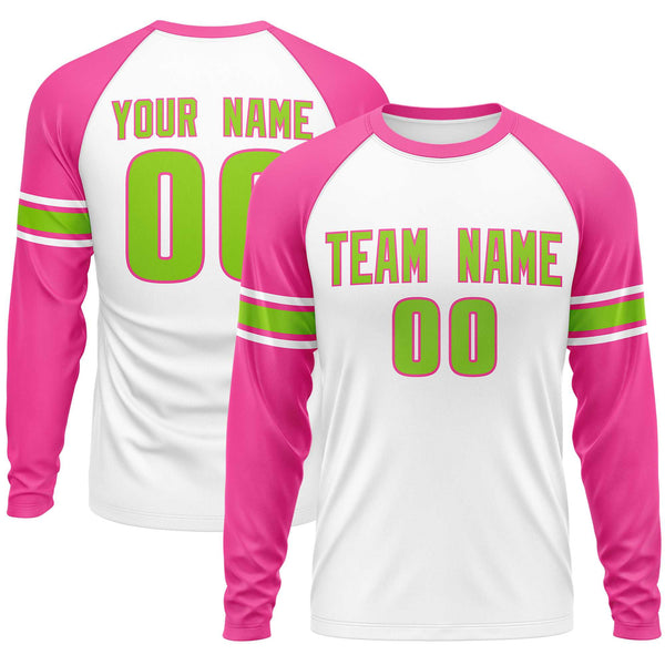 Custom White Pink Neon Green Crew Neck Personalized Raglan Long Sleeve Performance T-shirt | BuyFootballJersey