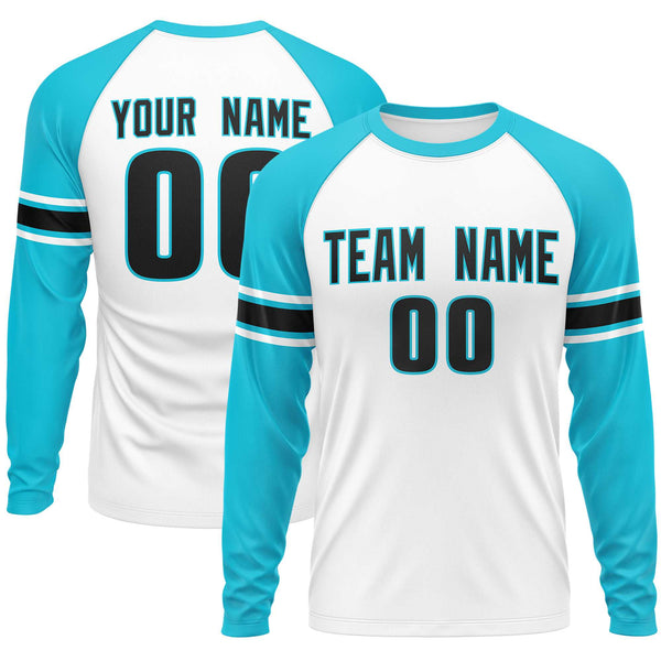 Custom White Sky Blue Black Crew Neck Personalized Raglan Long Sleeve Performance T-shirt | BuyFootballJersey