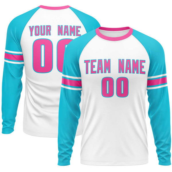 Custom White Sky Blue Pink Crew Neck Personalized Raglan Long Sleeve Performance T-shirt | BuyFootballJersey