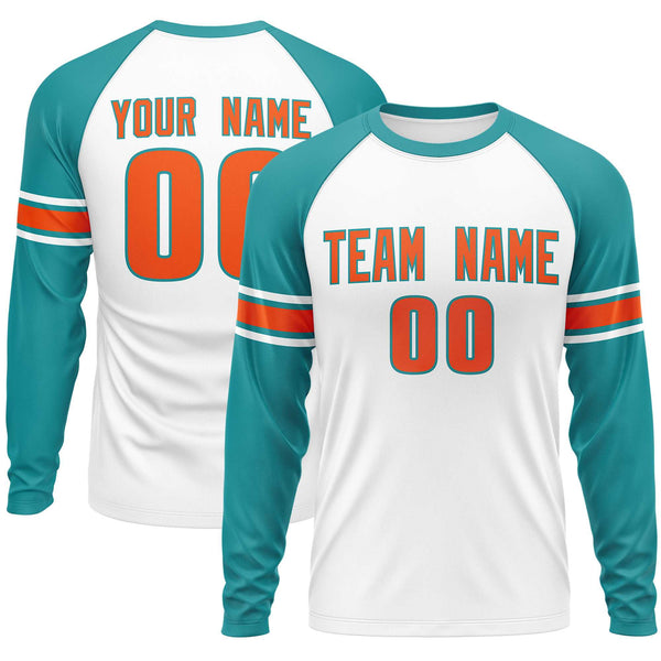Custom White Aqua Orange Crew Neck Personalized Raglan Long Sleeve Performance T-shirt | BuyFootballJersey