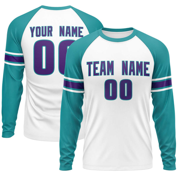 Custom White Aqua Purple Crew Neck Personalized Raglan Long Sleeve Performance T-shirt | BuyFootballJersey