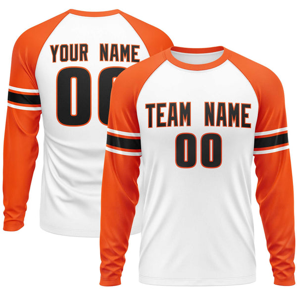 Custom White Orange Black Crew Neck Personalized Raglan Long Sleeve Performance T-shirt | BuyFootballJersey