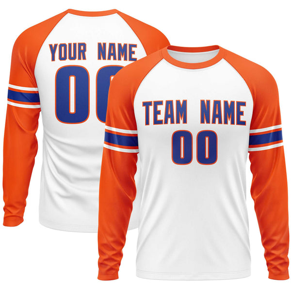 Custom White Orange Royal Crew Neck Personalized Raglan Long Sleeve Performance T-shirt | BuyFootballJersey