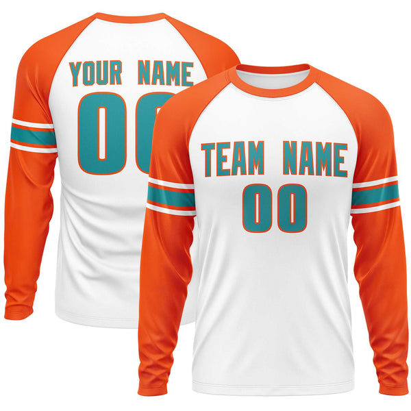 Custom White Orange Aqua Crew Neck Personalized Raglan Long Sleeve Performance T-shirt | BuyFootballJersey