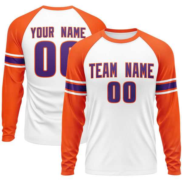 Custom White Orange Purple Crew Neck Personalized Raglan Long Sleeve Performance T-shirt | BuyFootballJersey