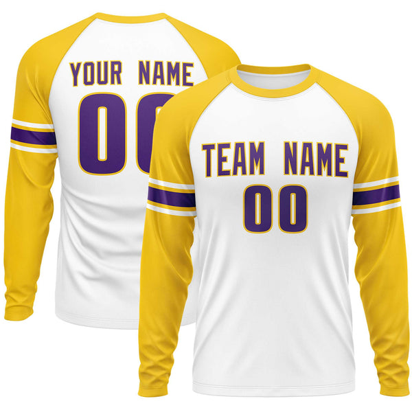 Custom White Gold Purple Crew Neck Personalized Raglan Long Sleeve Performance T-shirt | BuyFootballJersey