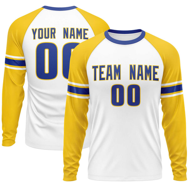Custom White Gold Royal Crew Neck Personalized Raglan Long Sleeve Performance T-shirt | BuyFootballJersey