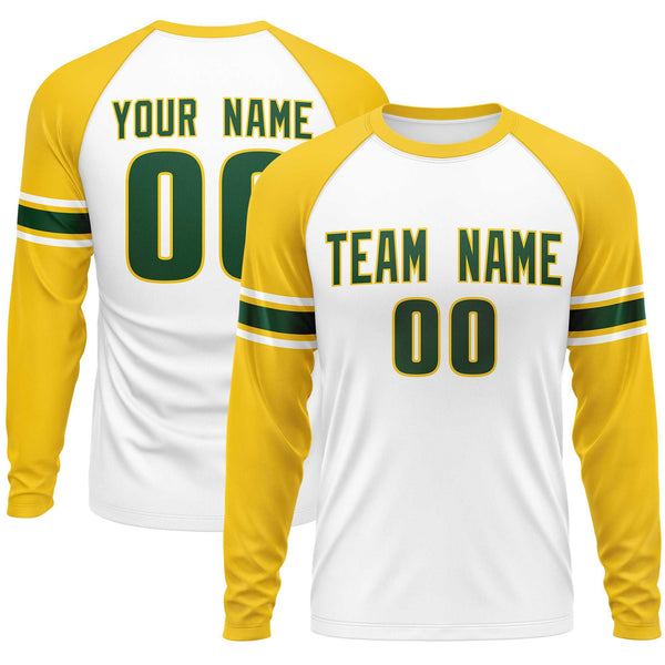 Custom White Gold Green Crew Neck Personalized Raglan Long Sleeve Performance T-shirt | BuyFootballJersey