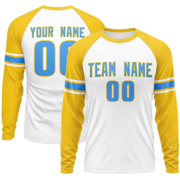 Custom White Gold Powder Blue Crew Neck Personalized Raglan Long Sleeve Performance T-shirt | BuyFootballJersey