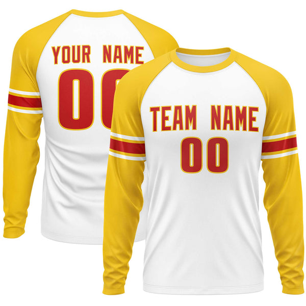Custom White Gold Red Crew Neck Personalized Raglan Long Sleeve Performance T-shirt | BuyFootballJersey