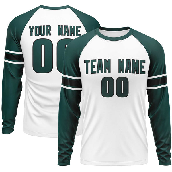 Custom White Midnight Green Black Crew Neck Personalized Raglan Long Sleeve Performance T-shirt | BuyFootballJersey