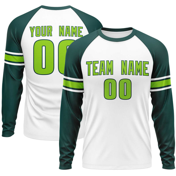 Custom White Midnight Green Neon Green Crew Neck Personalized Raglan Long Sleeve Performance T-shirt | BuyFootballJersey