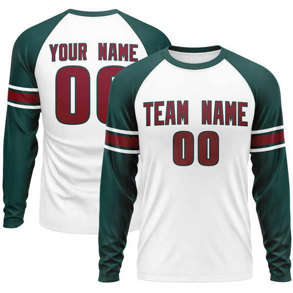 Custom White Midnight Green Crimson Crew Neck Personalized Raglan Long Sleeve Performance T-shirt | BuyFootballJersey