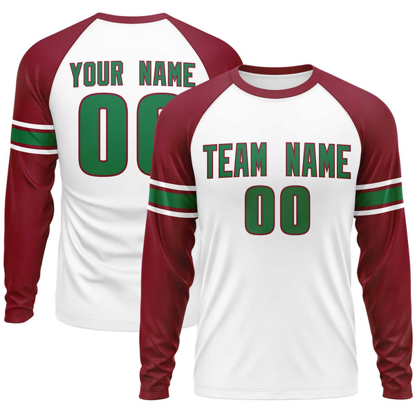 Custom White Crimson Kelly Green Crew Neck Personalized Raglan Long Sleeve Performance T-shirt | BuyFootballJersey