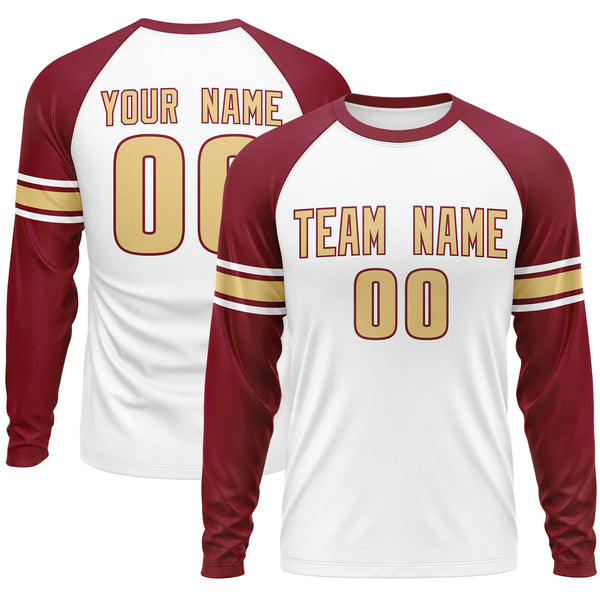 Custom White Crimson Khaki Crew Neck Personalized Raglan Long Sleeve Performance T-shirt | BuyFootballJersey