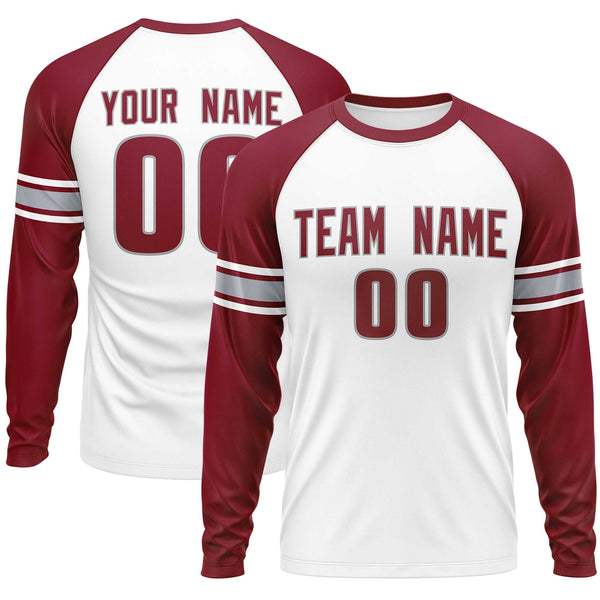 Custom White Crimson Gray Crew Neck Personalized Raglan Long Sleeve Performance T-shirt | BuyFootballJersey