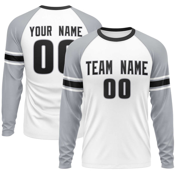 Custom White Gray Black Crew Neck Personalized Raglan Long Sleeve Performance T-shirt | BuyFootballJersey