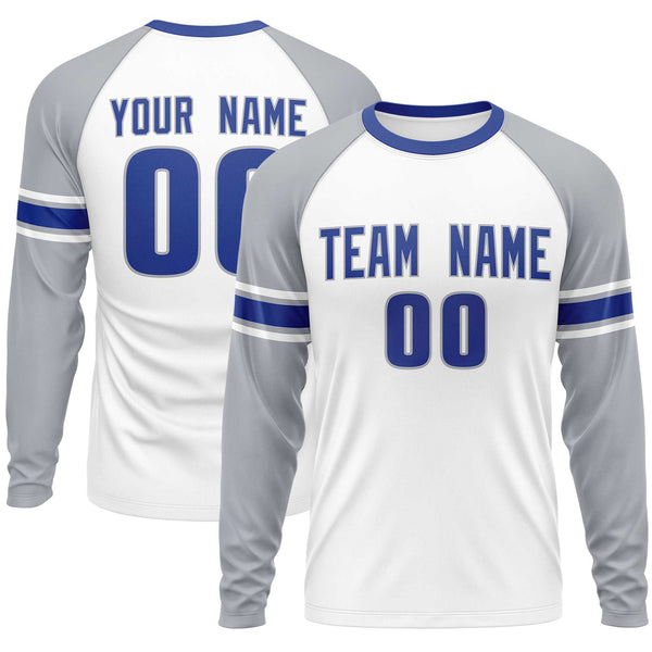 Custom White Gray Royal Crew Neck Personalized Raglan Long Sleeve Performance T-shirt | BuyFootballJersey