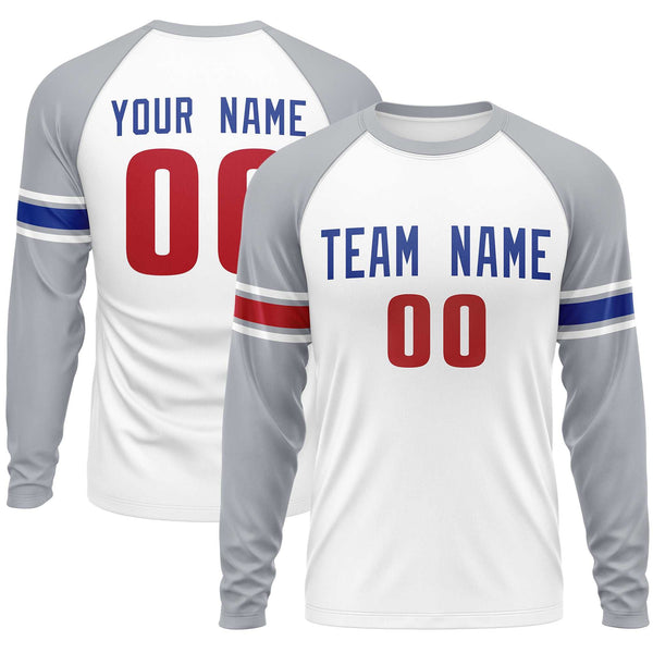 Custom White Gray Crew Neck Personalized Raglan Long Sleeve Performance T-shirt | BuyFootballJersey