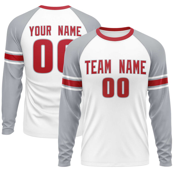 Custom White Gray Red Crew Neck Personalized Raglan Long Sleeve Performance T-shirt | BuyFootballJersey