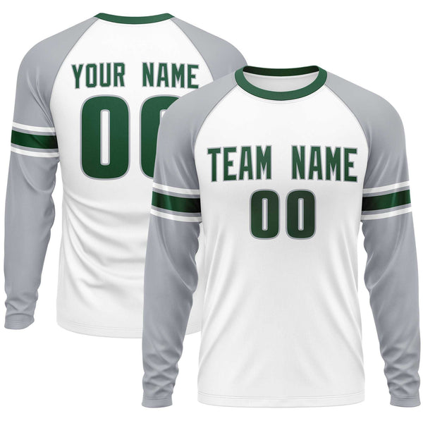 Custom White Gray Green Crew Neck Personalized Raglan Long Sleeve Performance T-shirt | BuyFootballJersey
