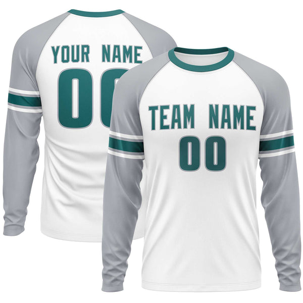 Custom White Gray Aqua Crew Neck Personalized Raglan Long Sleeve Performance T-shirt | BuyFootballJersey