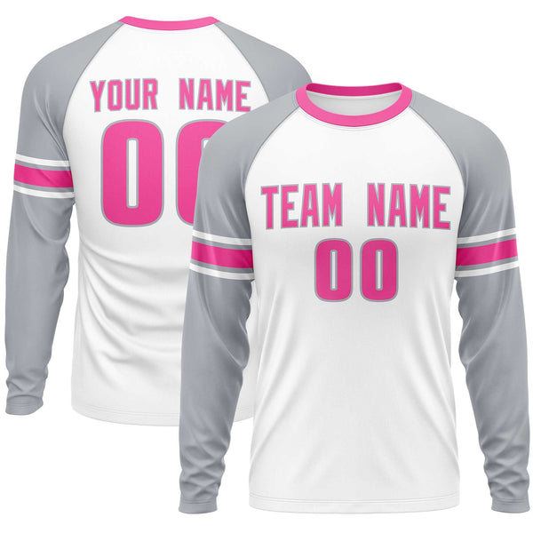 Custom White Gray Pink Crew Neck Personalized Raglan Long Sleeve Performance T-shirt | BuyFootballJersey