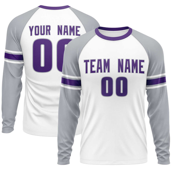 Custom White Gray Purple Crew Neck Personalized Raglan Long Sleeve Performance T-shirt | BuyFootballJersey
