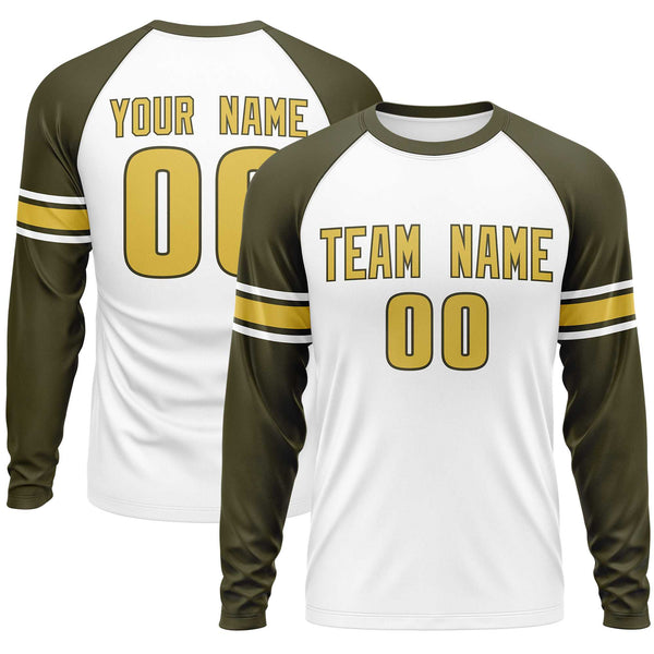Custom White Olive Old Gold Crew Neck Personalized Raglan Long Sleeve Performance T-shirt | BuyFootballJersey