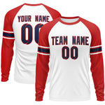 Custom White Red Navy Crew Neck Personalized Raglan Long Sleeve Performance T-shirt | BuyFootballJersey