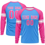 Custom Powder Blue Pink White Crew Neck Personalized Raglan Long Sleeve Performance T-shirt | BuyFootballJersey