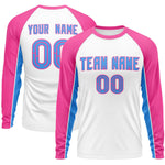Custom White Pink Crew Neck Raglan Long Sleeve Performance T-Shirt | BuyFootballJersey