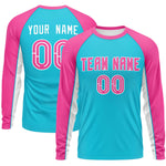 Custom Sky Blue Pink Crew Neck Raglan Long Sleeve Performance T-Shirt | BuyFootballJersey