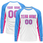 Custom White Powder Blue Crew Neck Raglan Long Sleeve Performance T-Shirt | BuyFootballJersey