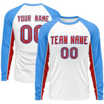Custom White Powder Blue Crew Neck Raglan Long Sleeve Performance T-Shirt | BuyFootballJersey