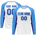 Custom White Powder Blue Crew Neck Raglan Long Sleeve Performance T-Shirt | BuyFootballJersey