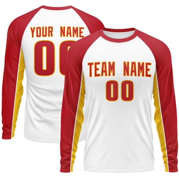Custom White Red Crew Neck Raglan Long Sleeve Performance T-Shirt | BuyFootballJersey
