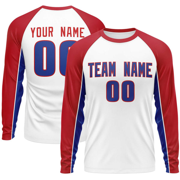 Custom White Red Crew Neck Raglan Long Sleeve Performance T-Shirt | BuyFootballJersey