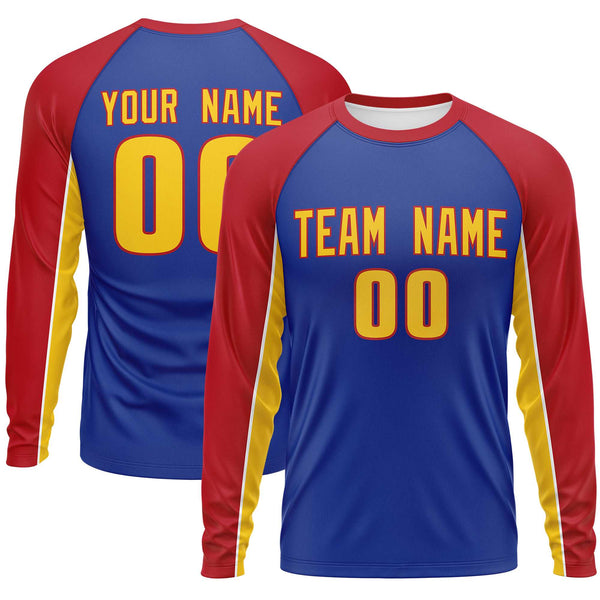 Custom Royal Red Crew Neck Raglan Long Sleeve Performance T-Shirt | BuyFootballJersey