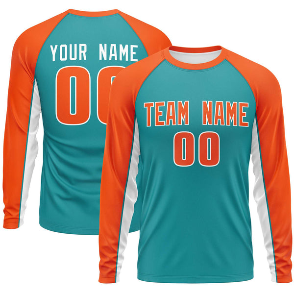 Custom Aqua Orange Crew Neck Raglan Long Sleeve Performance T-Shirt | BuyFootballJersey