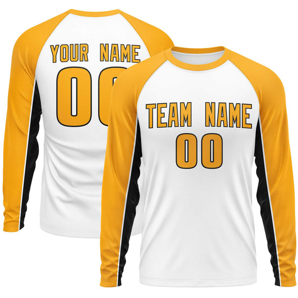 Custom White Yellow Crew Neck Raglan Long Sleeve Performance T-Shirt | BuyFootballJersey