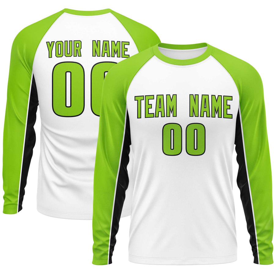 Custom White Neon Green Crew Neck Raglan Long Sleeve Performance T-Shirt | BuyFootballJersey